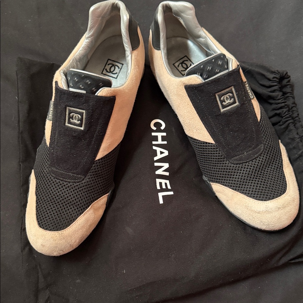 CHANEL Women’s Black and Cream Suede Leather Sneakers